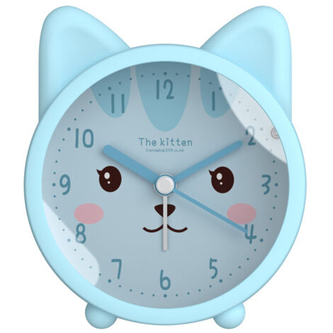 Réveil Silencieux Enfant - Lumière Nuit Voyage, Forme Mignon Chat Bleu - Horloge Silicone Sans Tic-Tac