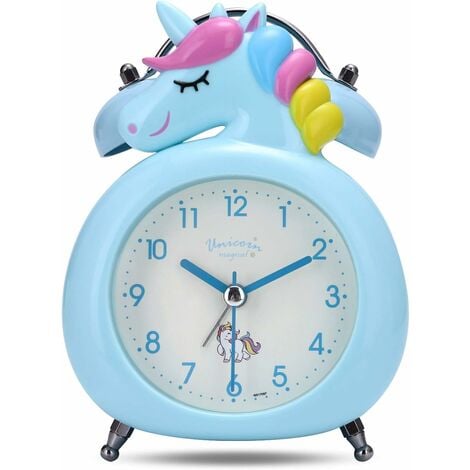 Réveil silencieux licorne filles double cloche réveil enfants, avec veilleuse pour table de chevet chambre d'enfant 10 cm (bleu)-Fei Yu