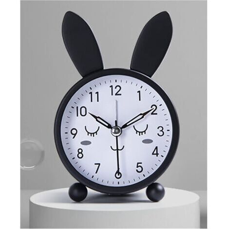 Réveil silencieux pour enfants, analogique lumineux avec fonction snooze, pile, 7,6 cm, lapin noir