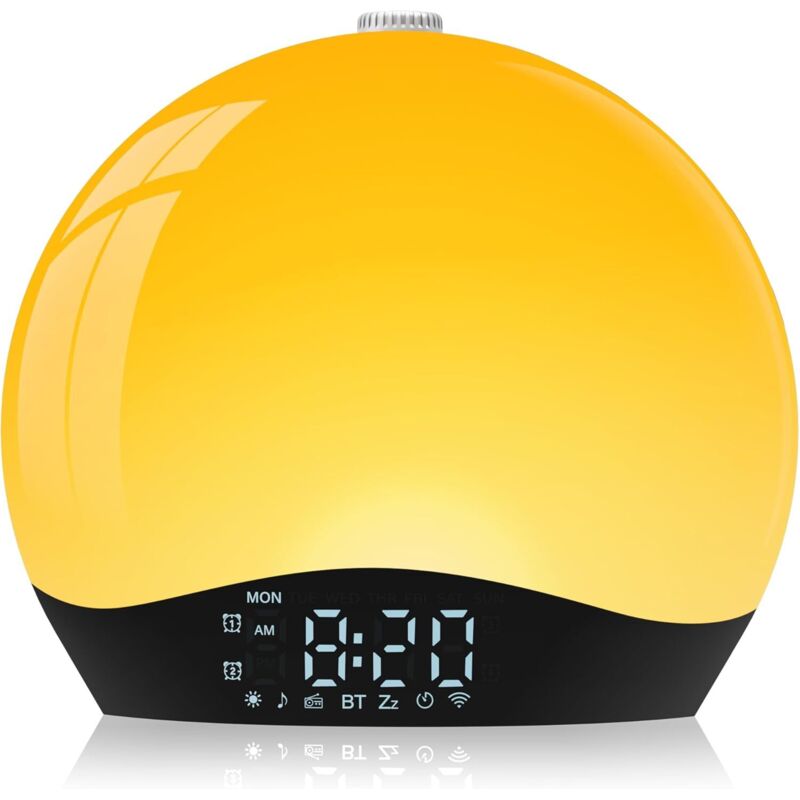 Réveil Simulateur d'Aube avec Enceinte Bluetooth, Lampe de Chevet LED Multicolore, Radio, 22 Sons Nature, 2 Alarmes, 20 Niveaux de Luminosité,