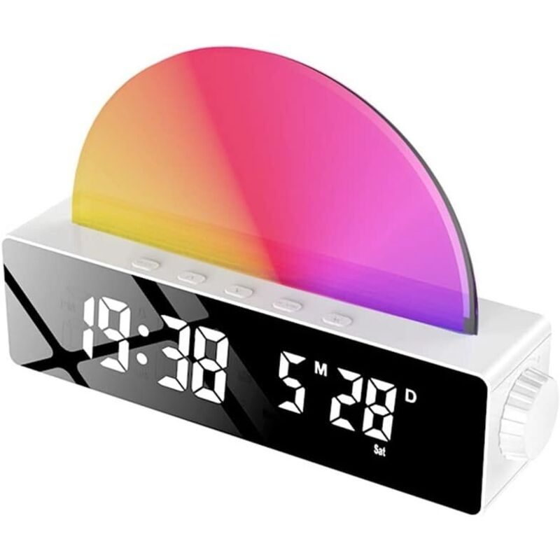 Réveil simulateur d'aube, lampe de chevet solaire multicolore avec chargeur USB, blanc