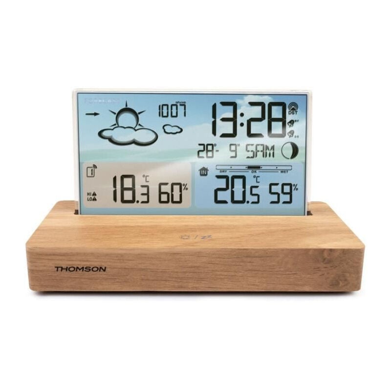 Réveil station météo Thomson Bois clair - Affichage température, Hygrométrie, Double alarme, usb-c, Sonde sans fil