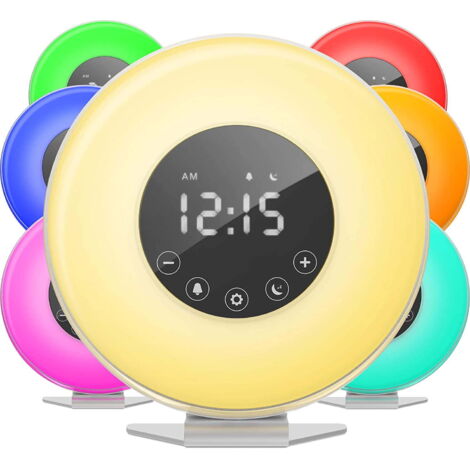 Réveil Sunrise - Horloge LED numérique avec interrupteur 6 couleurs et radio FM pour les chambres - Simulation de plusieurs sons de la nature et contrôle tactile - Avec fonction Snooze pour les gros d