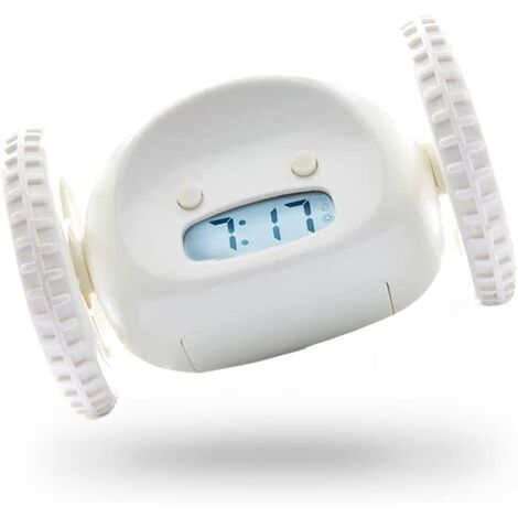 Réveil sur roulettes (original) - Extra fort pour les gros dormeurs (robot de chambre d'adulte ou d'enfant) Amusant, roulant, s'enfuyant, bougeant, sautant (blanc)