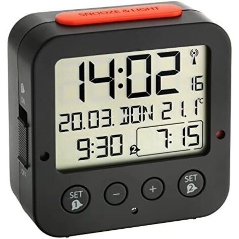 Réveil TFA Dostmann 60.2528.01 radiopiloté(e) noir Heures de réveil 2 A235901