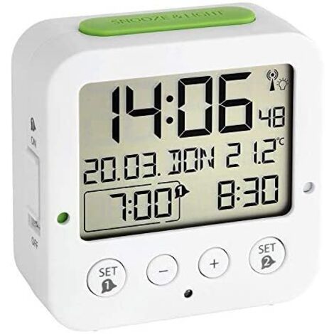 Réveil TFA Dostmann 60.2528.02 radiopiloté(e) blanc, vert Heures de réveil 2