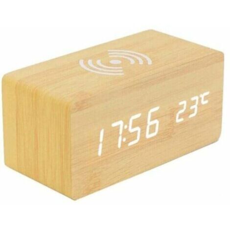 Réveil thermomètre numérique, réveil numérique en bois, réveil numérique LED en bois avec fonction de chargement sans fil, réveil en bois avec chargeur à induction, chargeur sans fil pour chambre/bure