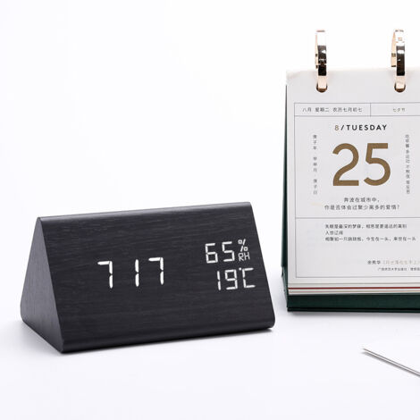 Réveil triangulaire en bois, réveil numérique de température et d'humidité, horloge électronique LED en bois pour la maison, la chambre à coucher (noir)