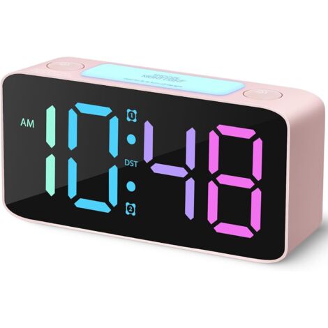 Réveil ultra-puissant pour gros dormeurs, horloge numérique avec veilleuse 7 couleurs, volume réglable, variateur, chargeur USB, petite horloge pour chambre