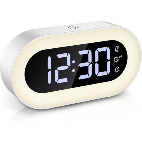 Réveil veilleuse LED avec fonction snooze, luminosité et volume réglables, double réveil (blanc)