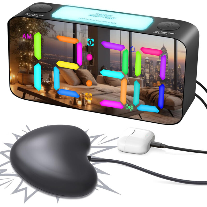 Réveil vibrant extrêmement puissant pour les personnes sourdes, les dormeurs profonds et les malentendants, réveil numérique RGB pour chambre d'enfant