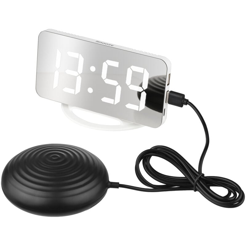 Lifcausal - Réveil vibrant, miroir numérique, grand écran transparent, luminosité réglable, deux ports usb, mode snooze pour les gros dormeurs