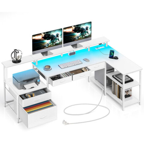 Reversible L-Shaped Corner Gaming Computer Desk with USB Ports, Power Outlets, LED Strip, Drawers, File Cabinet & Monitor Shelf for Home Office