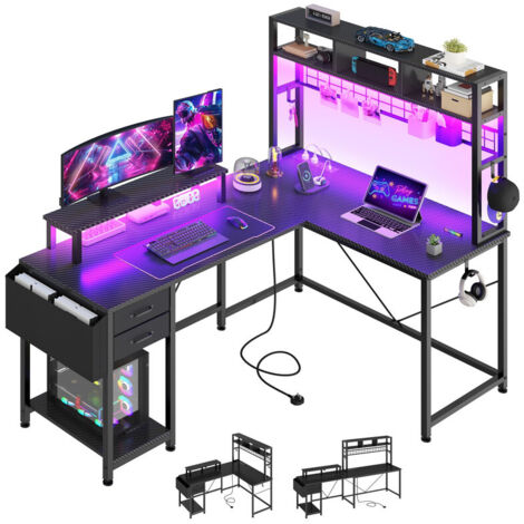 Reversible L-Shaped Corner Gaming Desk Home Office Computer Desk with Drawers, Storage Shelves, RGB LED Lights and Power Outlets