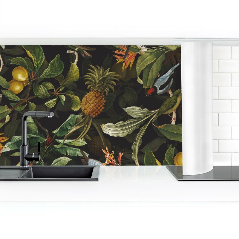 

Revestimiento pared cocina - Birds With Pineapple Green Dimensión LxA: 90cm x 350cm Material: Premium