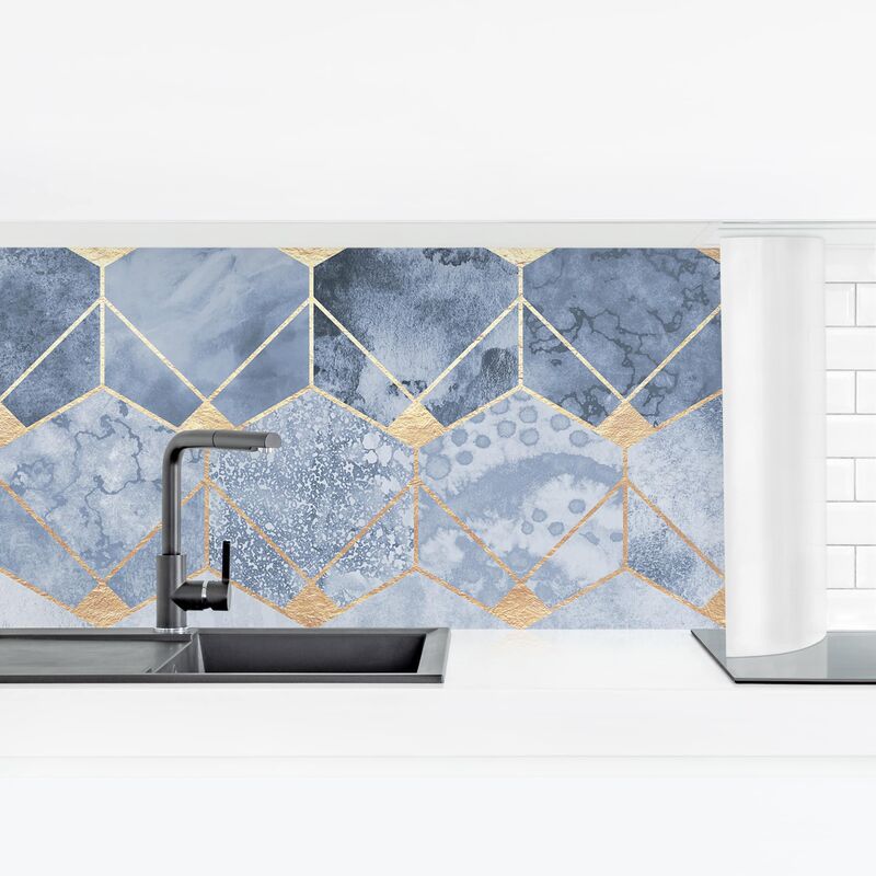 

Revestimiento pared cocina - Blue Geometry Golden Art Deco Dimensión LxA: 100cm x 350cm Material: Premium