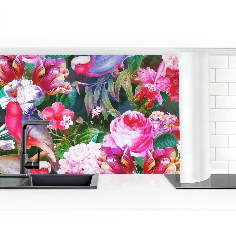 

Revestimiento pared cocina - Colorful Tropical Flowers With Birds Pink Dimensión LxA: 60cm x 350cm Material: Magnético