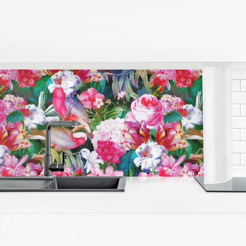 

Revestimiento pared cocina - Colorful Tropical Flowers With Birds Pink Dimensión LxA: 50cm x 175cm Material: Magnético