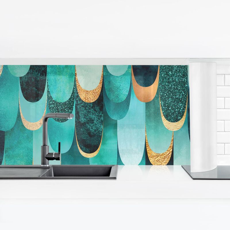 

Revestimiento pared cocina - Feathers Gold Turquoise Dimensión LxA: 40cm x 140cm Material: Smart