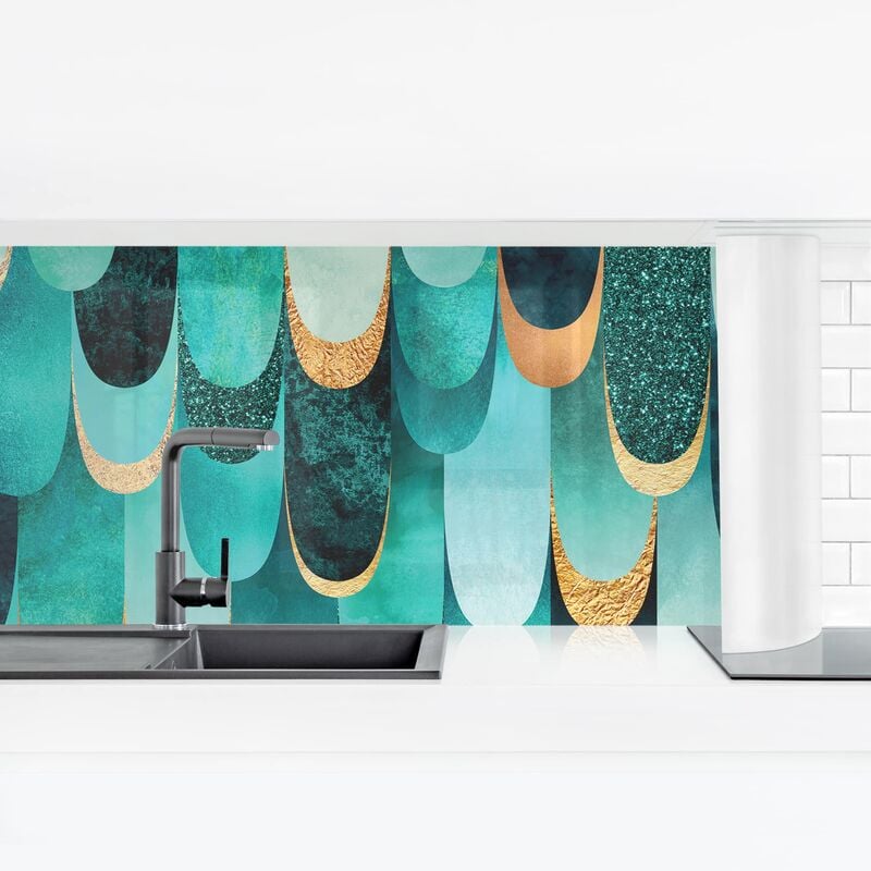 

Revestimiento pared cocina - Feathers Gold Turquoise Dimensión LxA: 60cm x 210cm Material: Premium