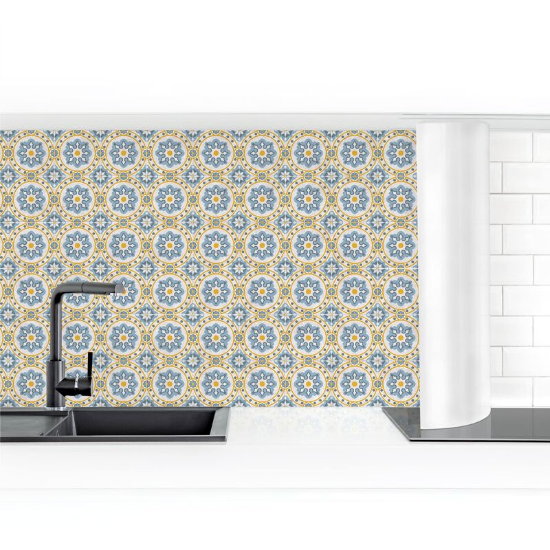 

Revestimiento pared cocina - Floral Tiles Blue-Yellow Dimensión LxA: 90cm x 100cm Material: Smart
