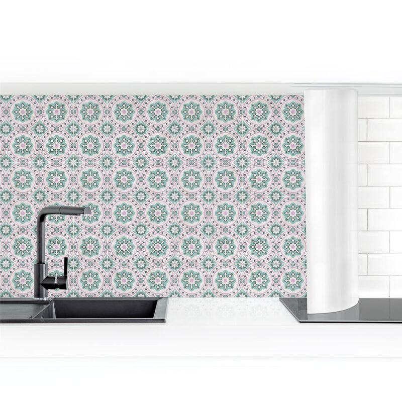 

Revestimiento pared cocina - Floral Tiles Turquoise-Pink Dimensión LxA: 60cm x 100cm Material: Premium