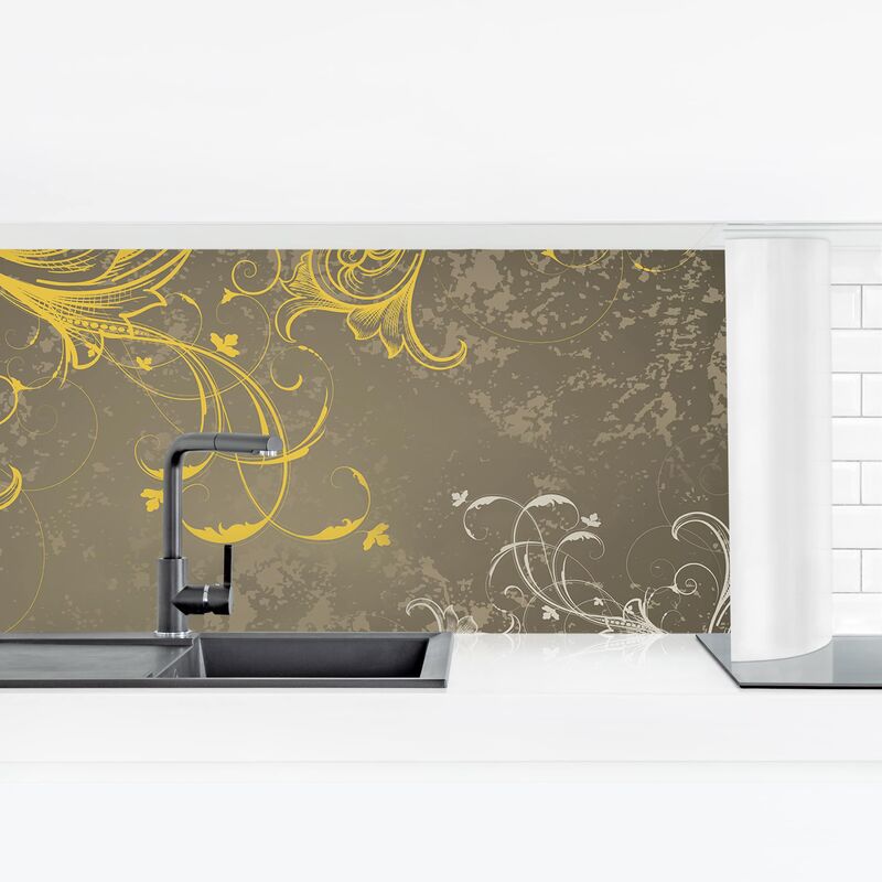 

Revestimiento pared cocina - Flourishes In Gold And Silver Dimensión LxA: 70cm x 245cm Material: Premium