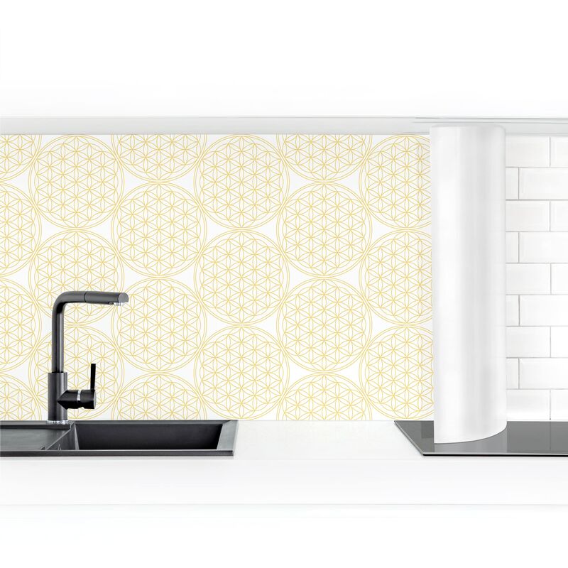 

Revestimiento pared cocina - Flower Of Life Pattern Gold Dimensión LxA: 50cm x 200cm Material: Smart