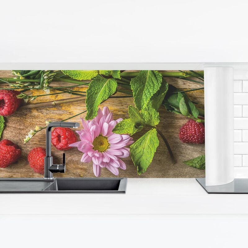 

Revestimiento pared cocina - Flowers Raspberry Mint Dimensión LxA: 80cm x 280cm Material: Smart
