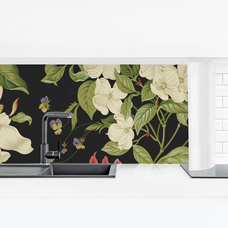 

Revestimiento pared cocina - Garden Floral on Black I Dimensión LxA: 40cm x 140cm Material: Premium