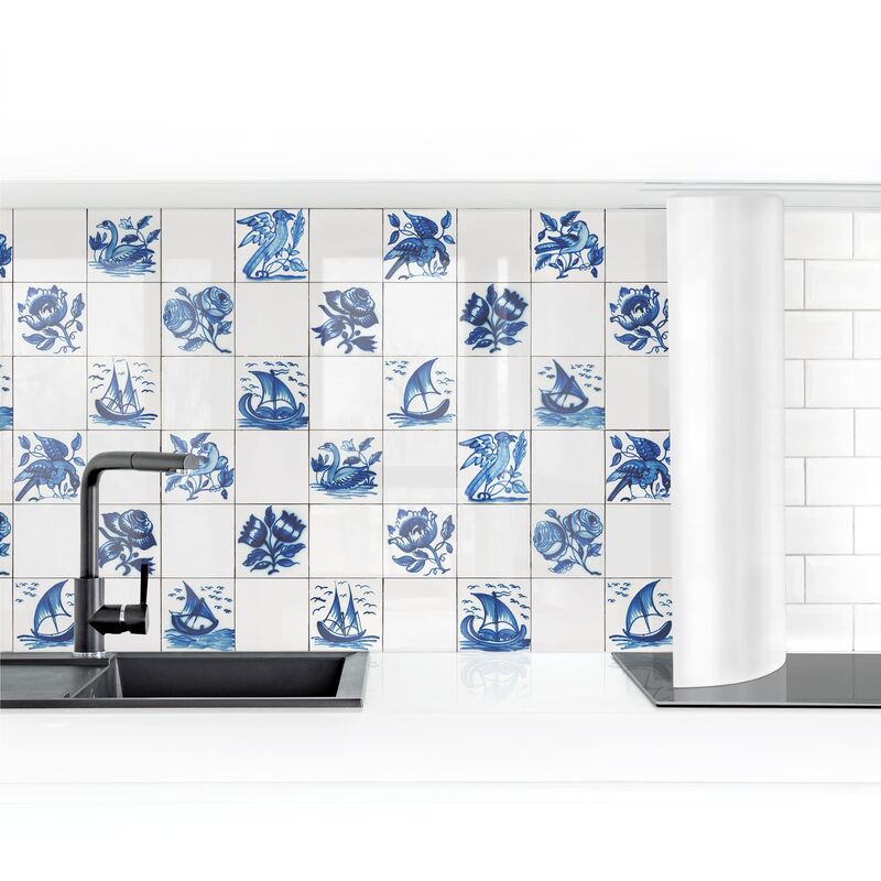 

Bilderwelten - Revestimiento pared cocina - Hand-Painted Tiles With Flowers, Birds And Ships Dimensión LxA: 60cm x 300cm Material: Premium