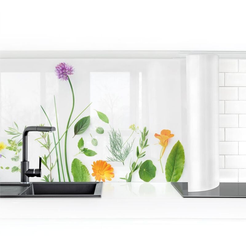

Revestimiento pared cocina - Herbs And Flowers I Dimensión LxA: 90cm x 350cm Material: Premium