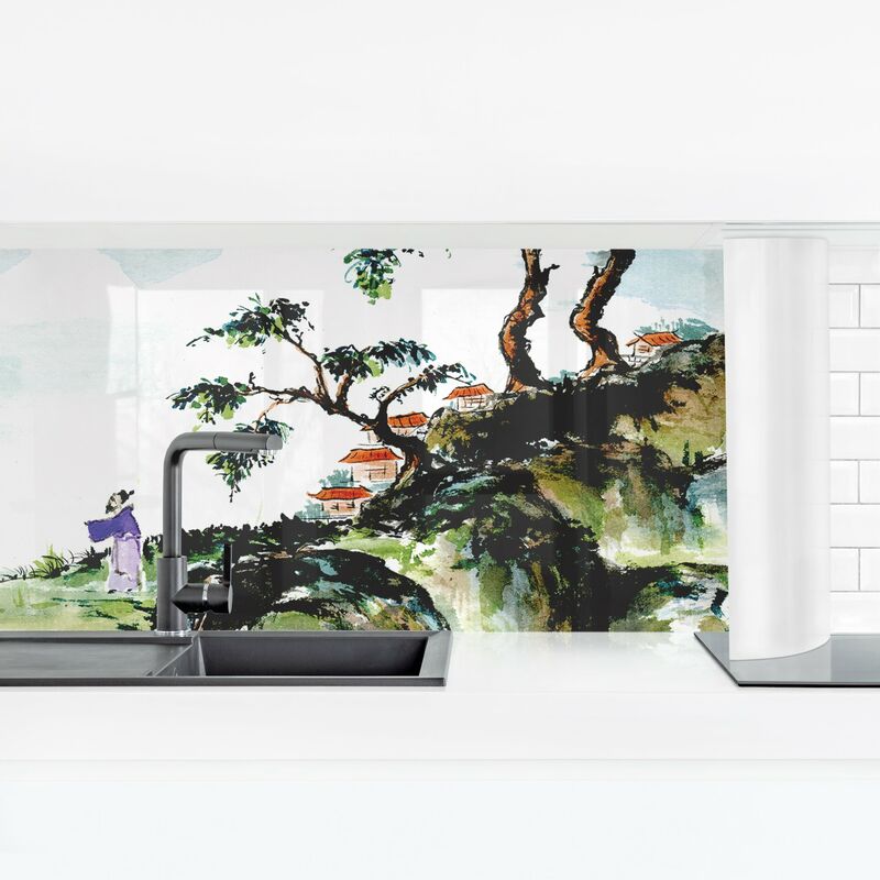 

Revestimiento pared cocina - Japanese Watercolor Drawing Lake And Mountains Dimensión LxA: 100cm x 350cm Material: Smart