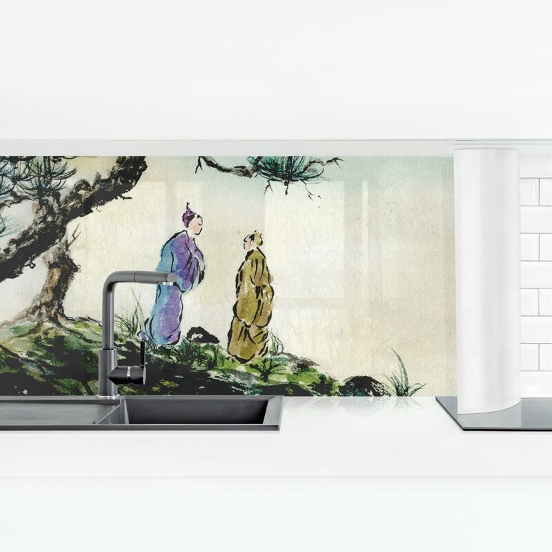Revestimiento pared cocina - Japanese Watercolor Drawing Pine And Mountain Village Dimensión LxA: 100cm x 350cm Material: Smart