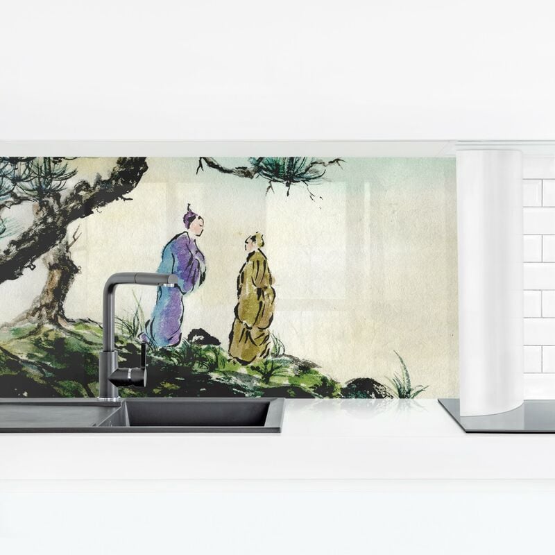 Revestimiento pared cocina - Japanese Watercolor Drawing Pine And Mountain Village Dimensión LxA: 70cm x 245cm Material: Magnético