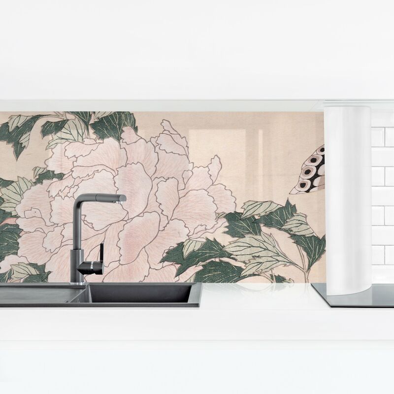 

Revestimiento pared cocina - Katsushika Hokusai - Pink Peonies With Butterfly Dimensión LxA: 90cm x 315cm Material: Smart