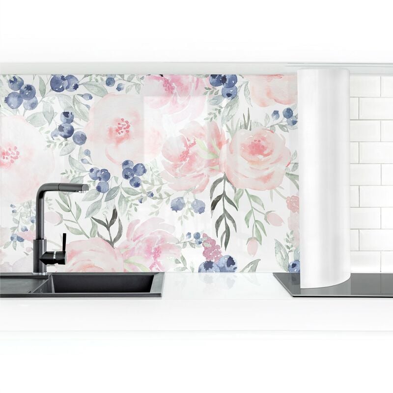 

Revestimiento pared cocina - Pink Roses With Blueberries Against White Dimensión LxA: 90cm x 100cm Material: Magnético