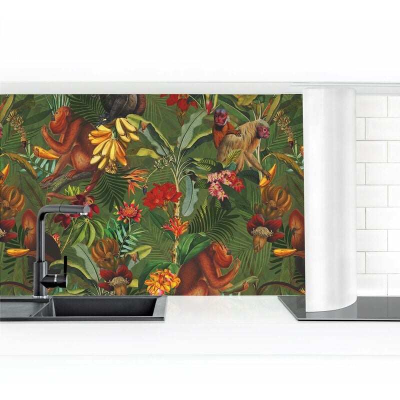 

Revestimiento pared cocina - Tropical Flowers With Monkeys Dimensión LxA: 60cm x 350cm Material: Magnético