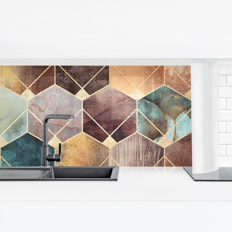 

Bilderwelten - Revestimiento pared cocina - Turquoise Geometry Golden Art Deco Dimensión LxA: 100cm x 350cm Material: Smart