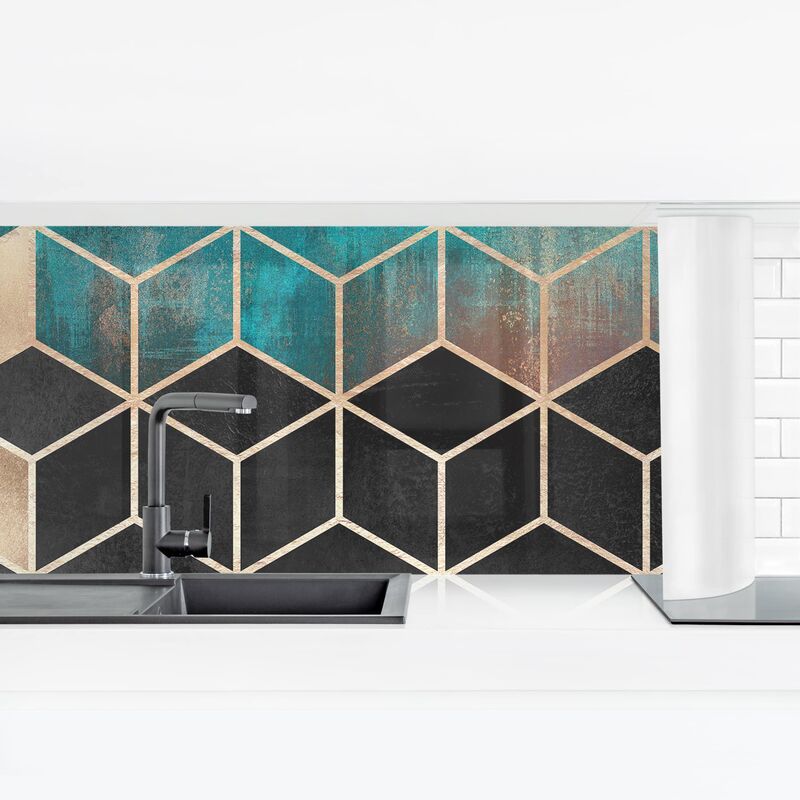 

Revestimiento pared cocina - Turquoise Rose Golden Geometry Dimensión LxA: 60cm x 210cm Material: Magnético