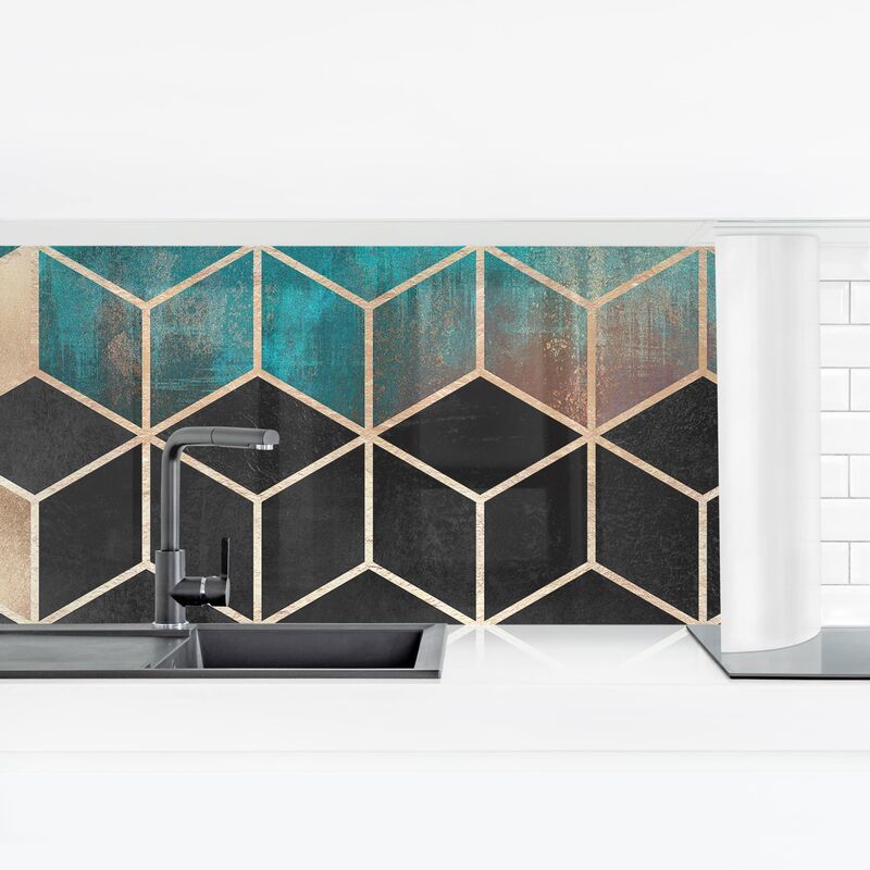 

Revestimiento pared cocina - Turquoise Rose Golden Geometry Dimensión LxA: 40cm x 140cm Material: Premium