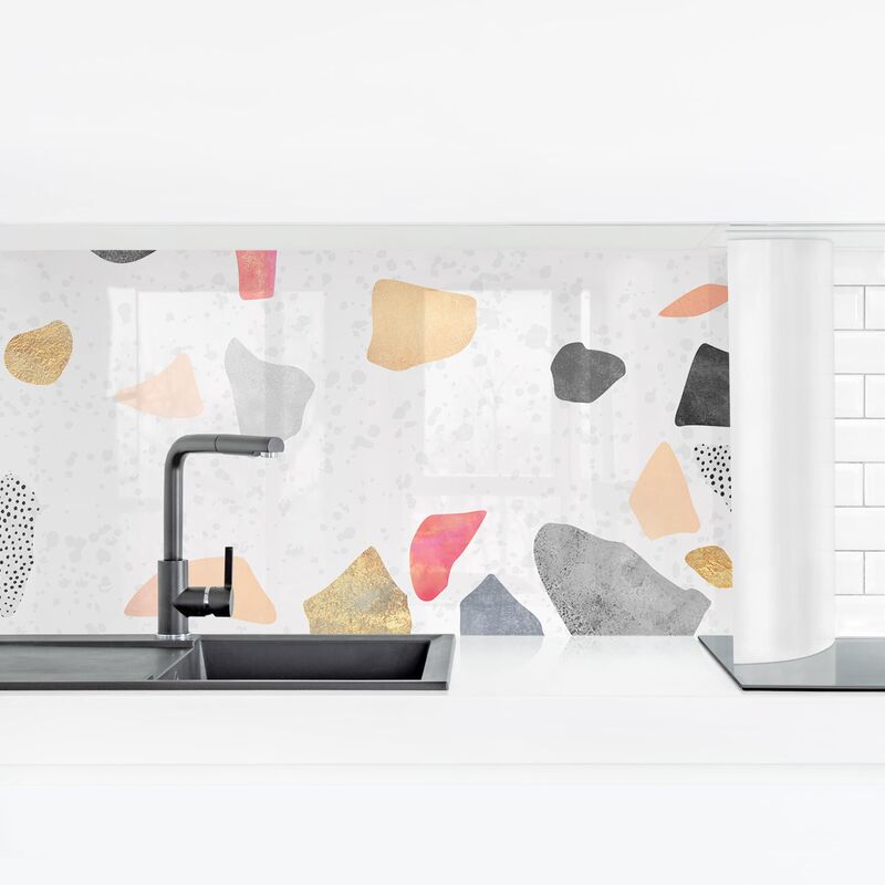 

Bilderwelten - Revestimiento pared cocina - White Terrazzo With Golden Stones Dimensión LxA: 70cm x 245cm Material: Magnético