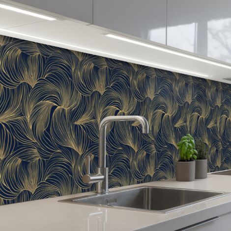 REVETEMENT MURAL DE CUISINE, CRÉDENCE DE CUISINE Abstrait - Lignes - Bleu - Or 400x80