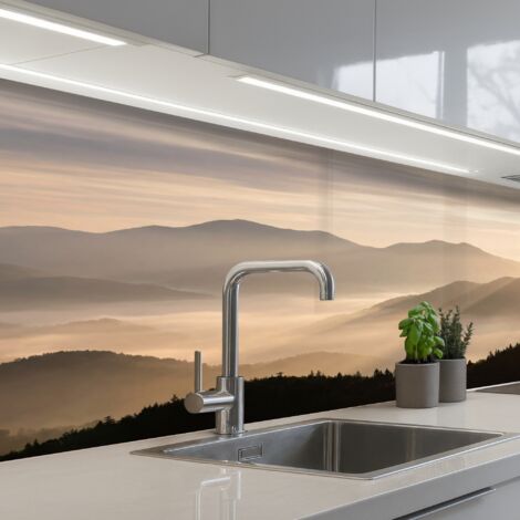 REVETEMENT MURAL DE CUISINE, CRÉDENCE DE CUISINE Montagnes - Brouillard - Rayons de soleil 150x60