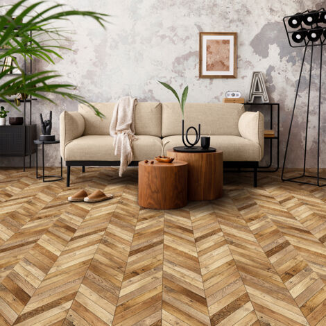 Revêtement sticker sol - CHEVRONS BOIS MIXTE - Rouleau adhésif Protection Anti-dérapant - 60x200cm