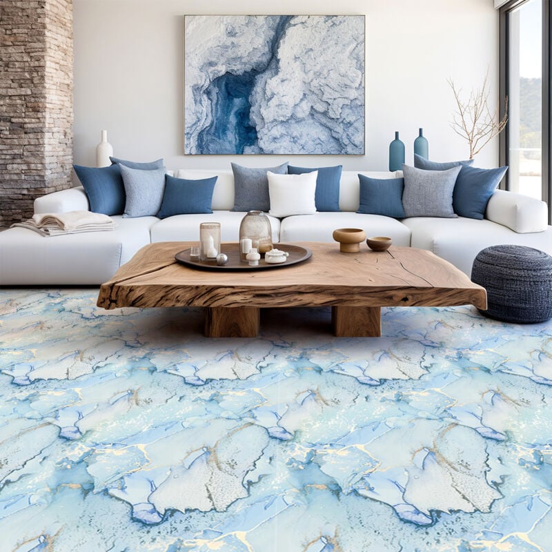 Revêtement sticker sol - effet marbre bleu - Rouleau adhésif Protection Anti-dérapant - 60x200cm