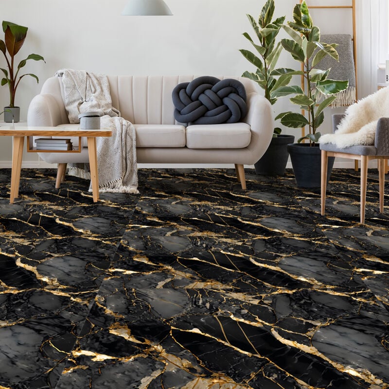 Revêtement sticker sol - effet marbre noir et or - Rouleau adhésif Protection Anti-dérapant - 60x200cm