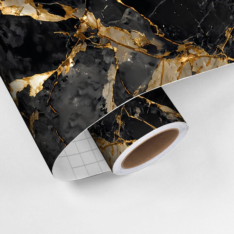 Revêtement sticker sol - effet marbre noir et or - Rouleau adhésif Protection Anti-dérapant - 60x100cm