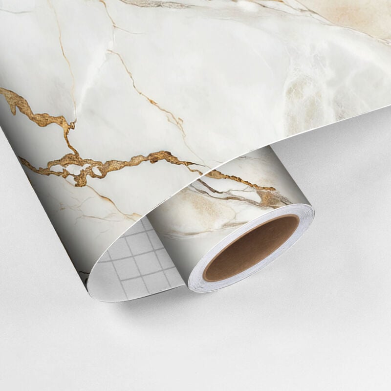 Revêtement sticker sol - marbre blanc cassé brun - Rouleau adhésif Protection Anti-dérapant - 60x100cm