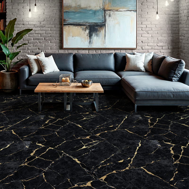 Revêtement sticker sol - MARBRE NOIR - Rouleau adhésif Protection Anti-dérapant - 60x200cm